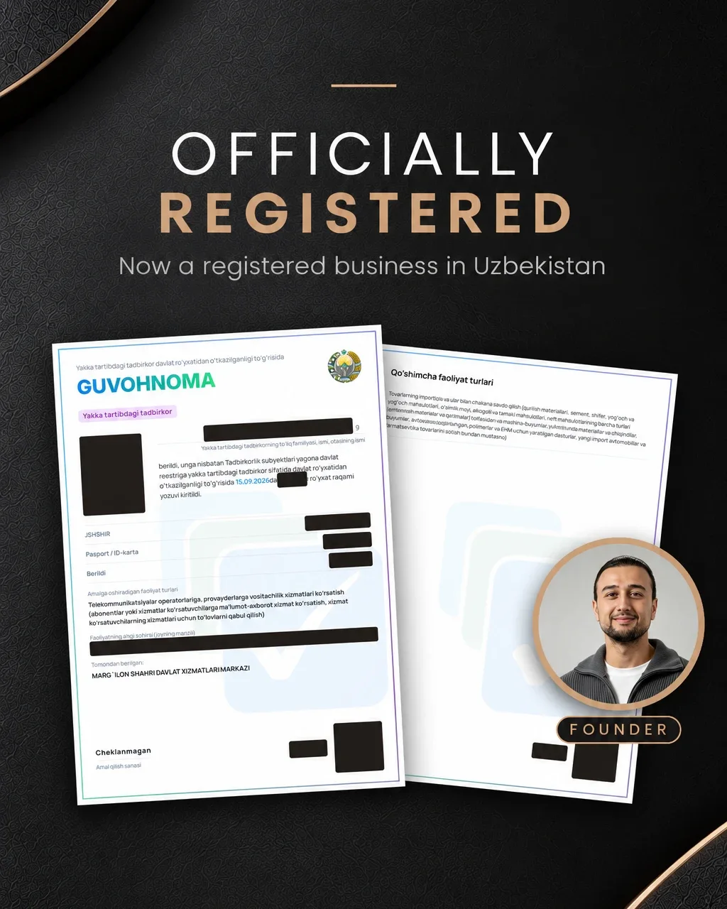 Cuticle Hair Co. official registration certificate, individual entrepreneur in Uzbekistan